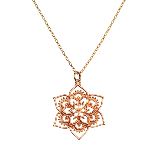 Detailed Openwork Lotus Flower Mandala Pendant on a 20" Gold Filled Chain #8114-brz