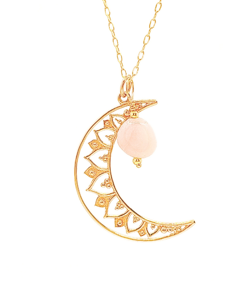 Limited Edition Crescent Moon Mandala and Rose Quartz Gold FIlled 20" Necklace #8701-yg