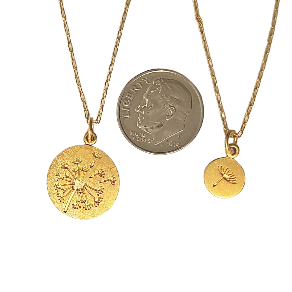 Gold Large & Small Dandelion Mother Daughter 2 Necklace Set on 18" Gold Filled Chains
