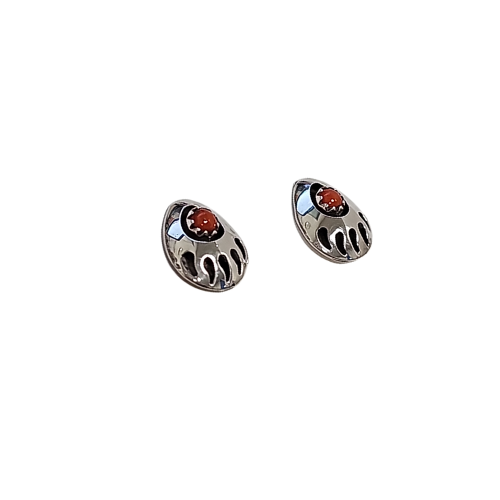 Navajo Handcrafted Bear Paw Post Earrings in Coral & Sterling Silver