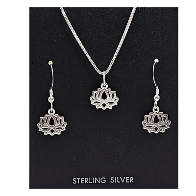 Petite Open Lotus Necklace and Earrings Gift Set in Sterling Silver, #9001