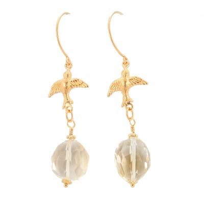 Boho Chic Gold Bird And Yellow Citrine Dangle Earrings #7721