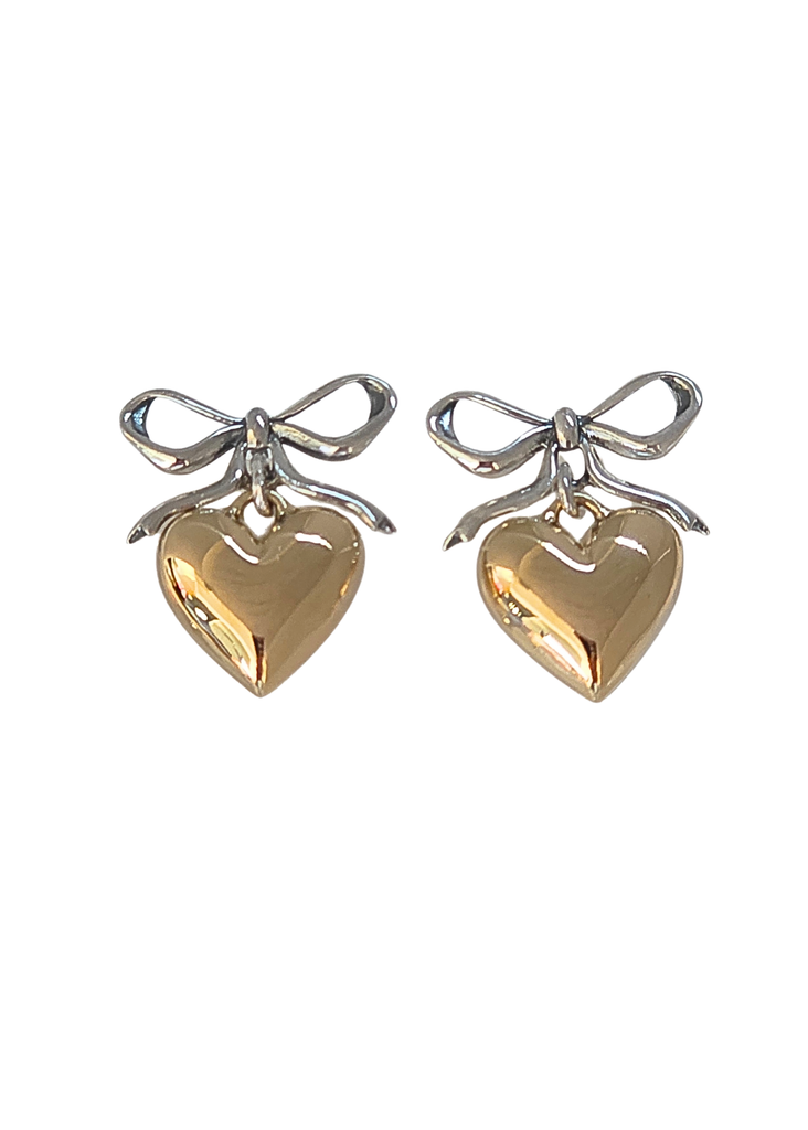 Bow and Heart Dangle Post Earrings in Sterling Silver and Bronze