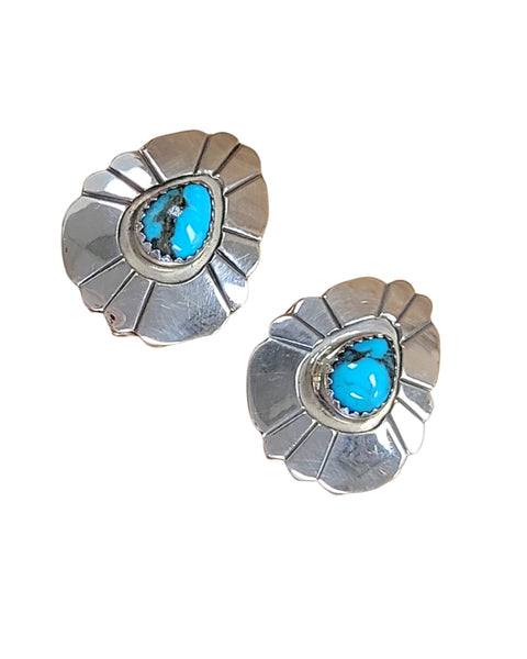 Navajo Hand Crafted Turquoise Concho Sterling Silver Post Earrings #E106