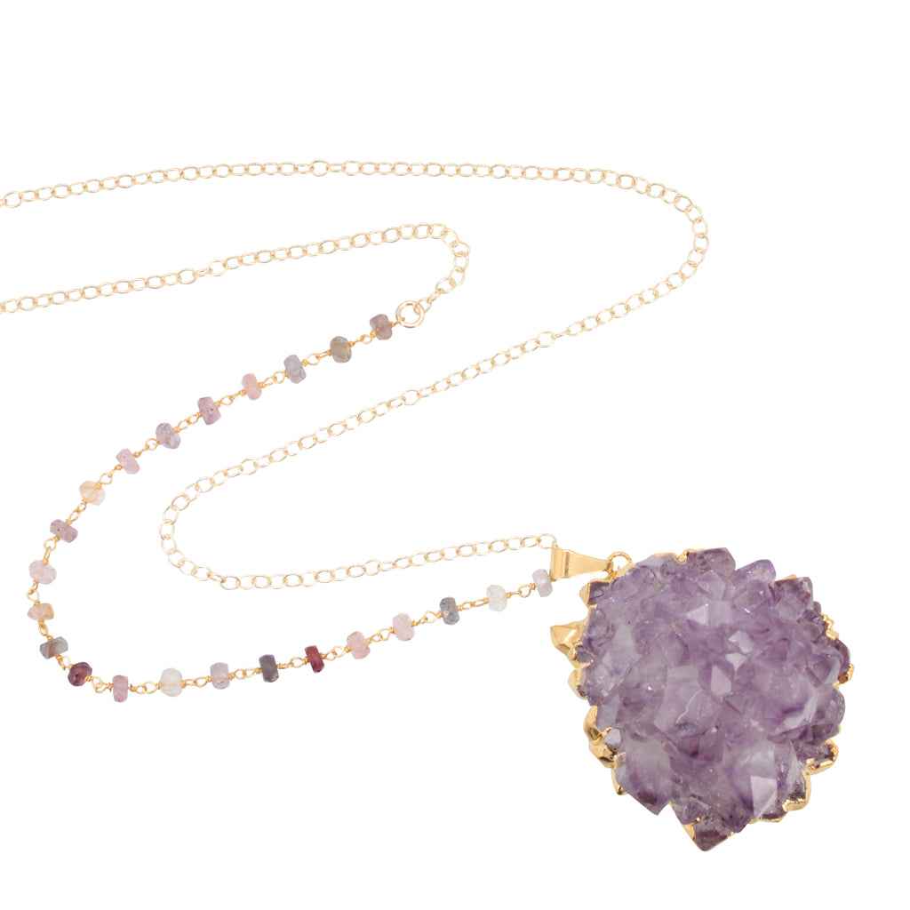 Limited Edition Amethyst Druzy Necklace on a 28 Inch Tourmaline Gemstone Chain, #6327-yg-tour