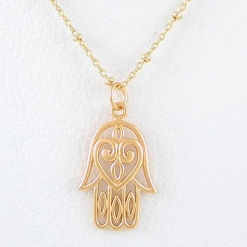Filigree Design Hamsa Hand with Heart Pendant in Gold Vermeil on an 18" Gold Filled Saturn Chain, #8331