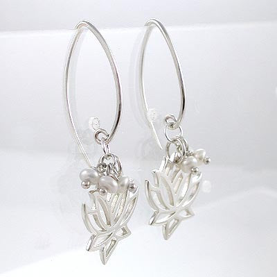 Limited Edition Cut Out Design Lotus Flower Dangle Earring in Sterling Silver with Pearl Gemstone Beads, 8372