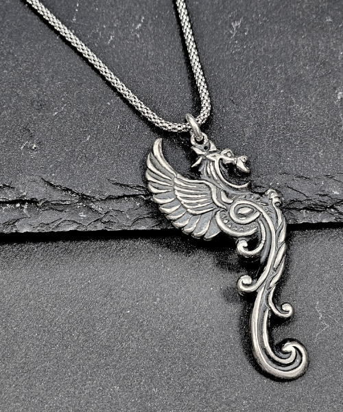 Celtic Winged Dragon Cast Sterling Silver 22" or 24" Necklace For Men or Women, #1104
