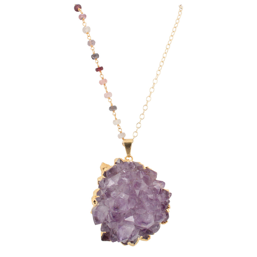 Limited Edition Amethyst Druzy Necklace on a 28 Inch Tourmaline Gemstone Chain, #6327-yg-tour