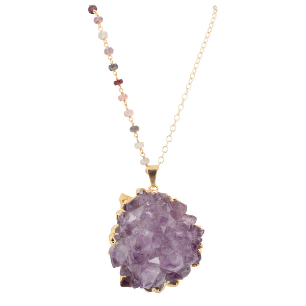 Limited Edition Amethyst Druzy Necklace on a 28 Inch Tourmaline Gemstone Chain, #6327-yg-tour