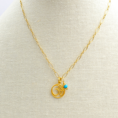 Limited Edition Round Gold Plated Om and Turquoise Necklace, #7975