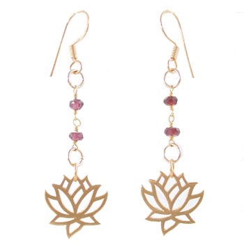 Lotus Flower Dangle Earrings in Gold Vermeil with Garnet Gemstone Beads, 8164