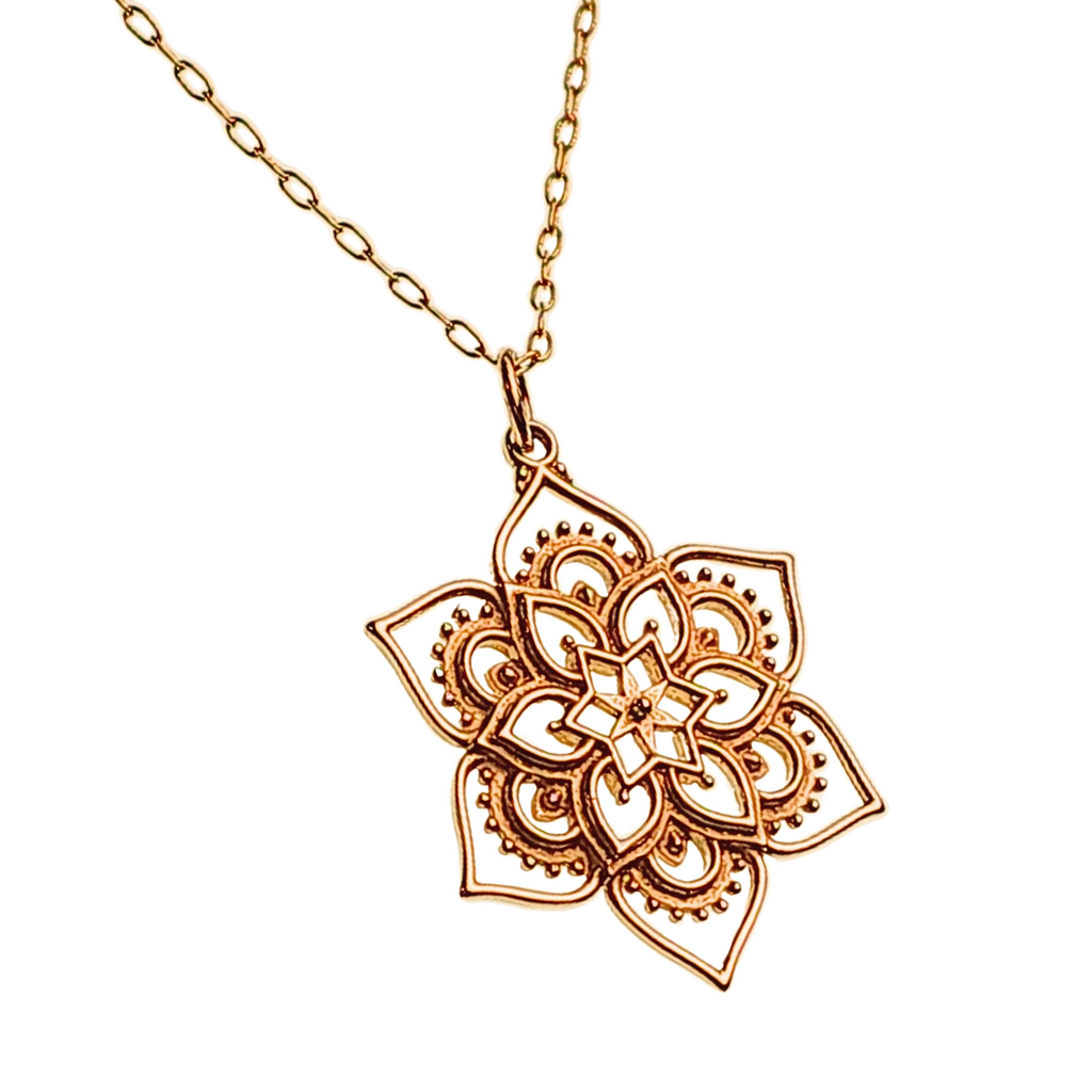 Detailed Openwork Lotus Flower Mandala Pendant on a 20" Gold Filled Chain #8114-brz