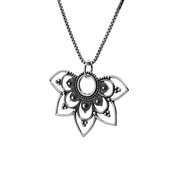 Openwork Lotus Half Mandala Pendant Necklace in Sterling Silver 20", #1115