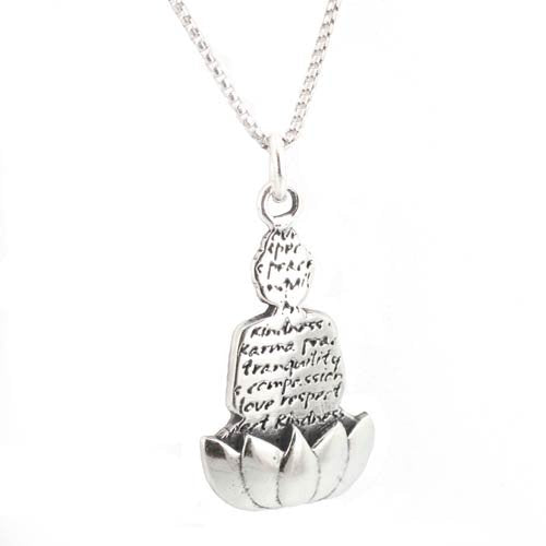 Limited Edition Awakening of Enlightenment Buddha Necklace with Lotus Flower and Words of Compassion, Peace and Love in Sterling Silver on an 18" Box Chain