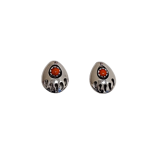 Navajo Handcrafted Bear Paw Post Earrings in Coral & Sterling Silver