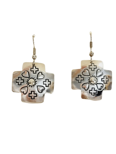 Navajo Hand Crafted Cross & Hearts Stamped Sterling Silver Dangle Earrings #E110