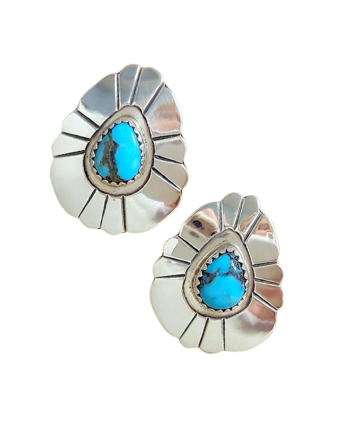 Navajo Hand Crafted Turquoise Concho Sterling Silver Post Earrings
