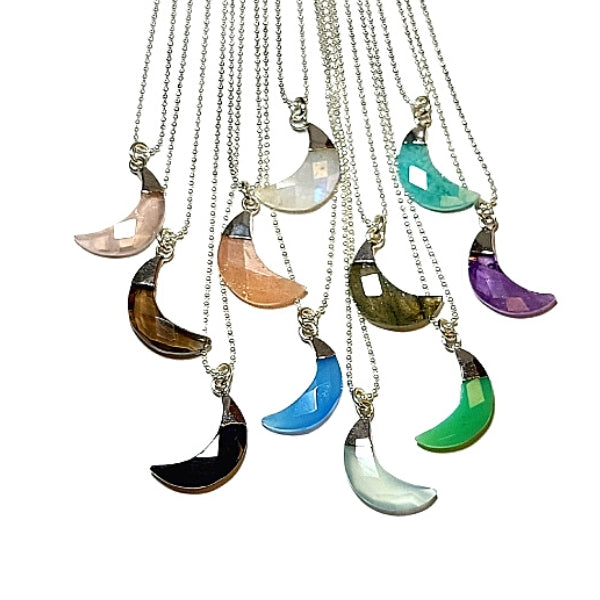 Now in 18" or 20"! Crescent Moon Gemstone Necklace in Sterling Silver, 12 Stone Choice, #6101-ss