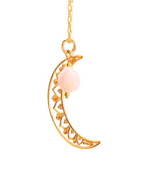 Limited Edition Crescent Moon Mandala and Rose Quartz Gold FIlled 20" Necklace #8701-yg