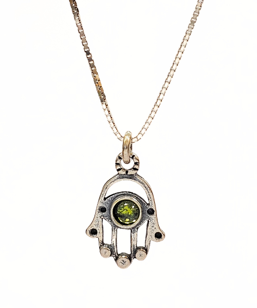 Hamsa Hand with Gemstone on 18" box Chain, #8381 (Peridot)