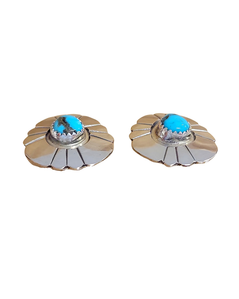 Navajo Hand Crafted Turquoise Concho Sterling Silver Post Earrings #E106