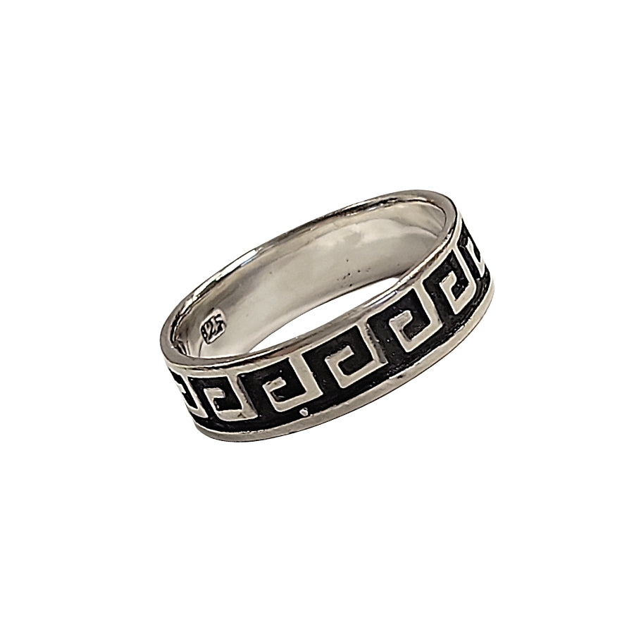 Navajo Hand Crafted Greek Key Sterling Silver Overlay Band Ring