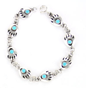 Small Navajo Handcrafted Bear Paw Link Bracelet in Sterling Silver and Turquoise