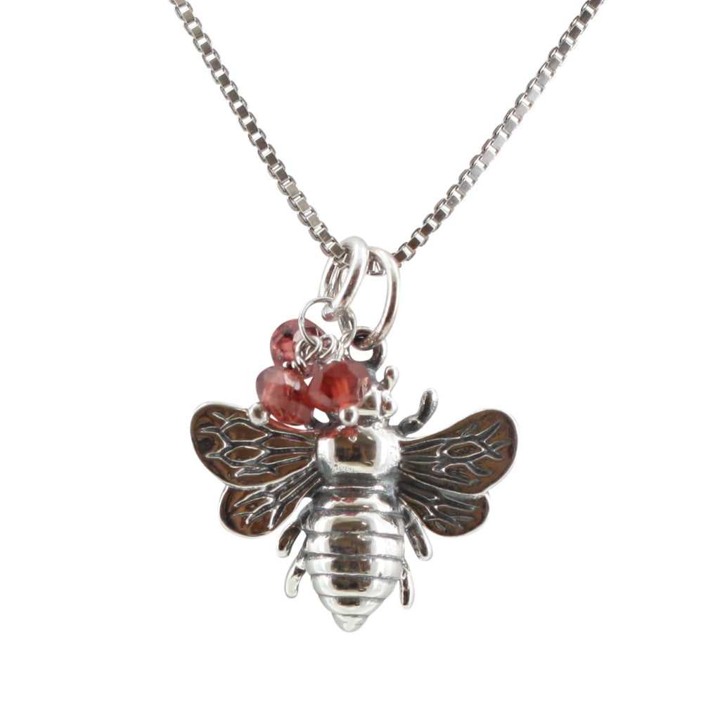 Bee Necklace with Garnet Baubles in Silver, #6709-ss