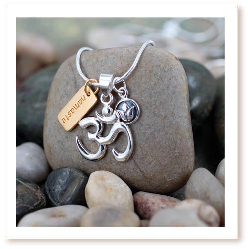 Om (Aum) Pendant, Lotus Flower & Namaste Charm Necklace in Sterling Silver & Gold Plated Sterling Silver, #8457S