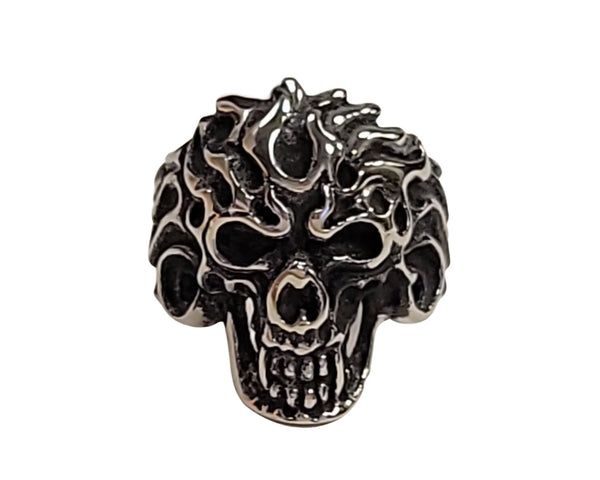 Heavy Flame Fire Skull Biker Stainless Steel Ring Size 10-14