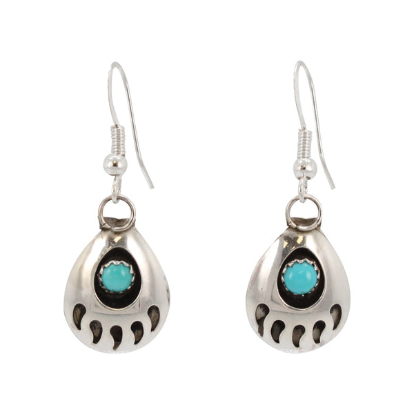 Medium Navajo Sterling Silver Turquoise Bear Paw Dangle Earrings #2367