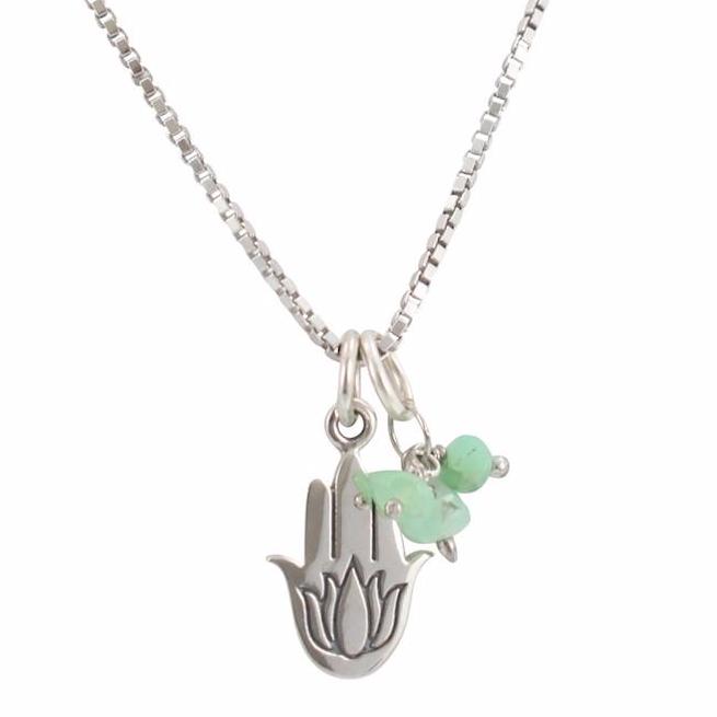 Hamsa Hand & Lotus Necklace with Chrysoprase, #6407-ss