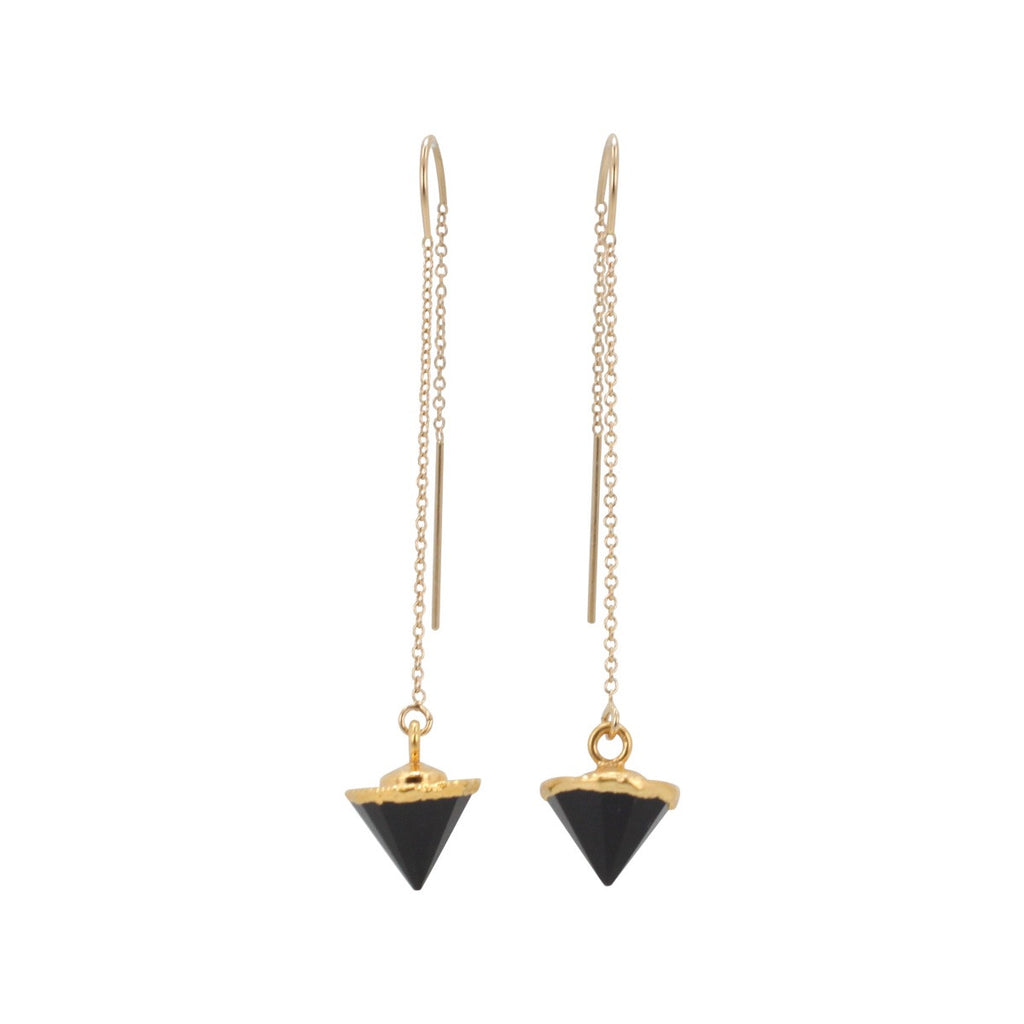 gold threader earrings with black gemstone