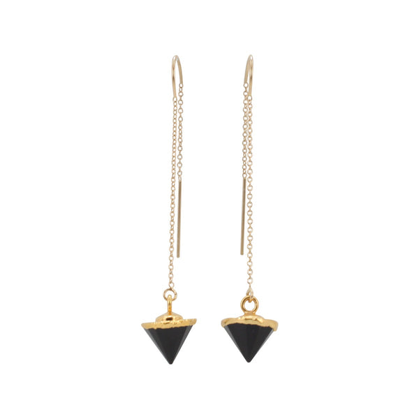 gold threader earrings with black gemstone