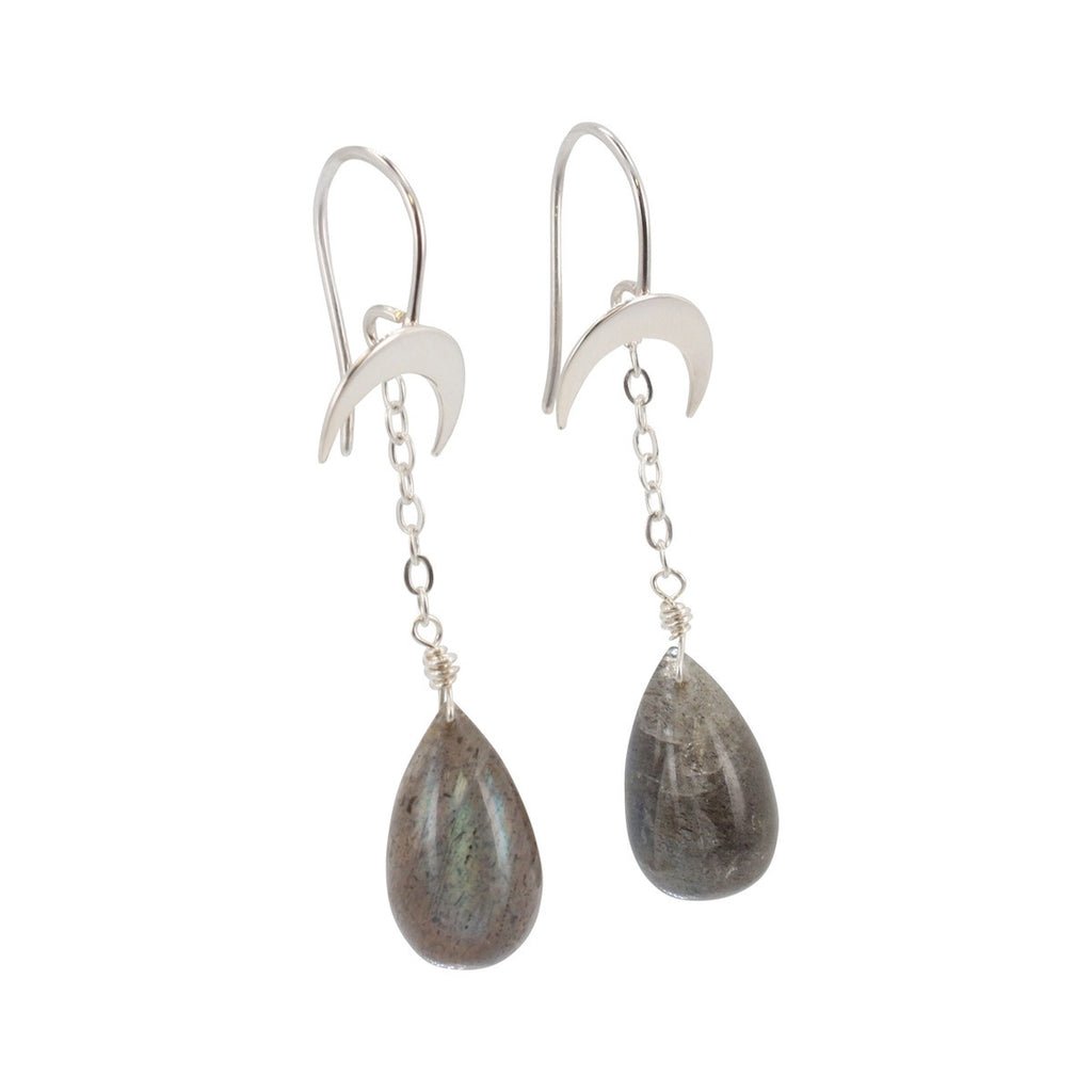 labradorite earrings with silver crescent moons