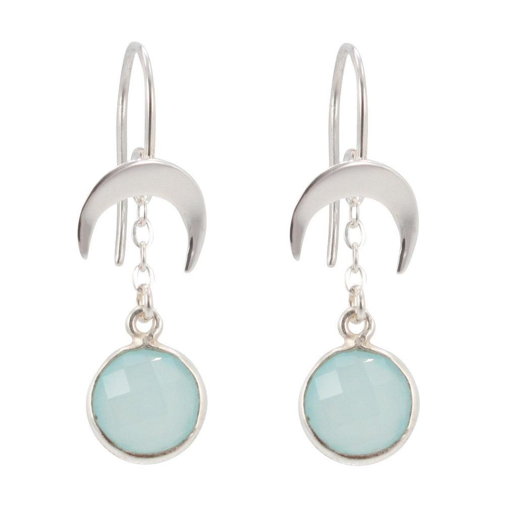 Crescent Moon and Aqua Chalcedony Dangle Earrings, #6486-ss