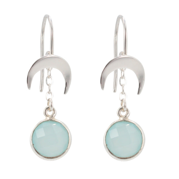 Crescent Moon and Aqua Chalcedony Dangle Earrings, #6486-ss