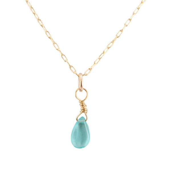 Dainty Throat Chakra Necklace with Light Apatite Briolette on Gold Filled Chain, #6589-yg