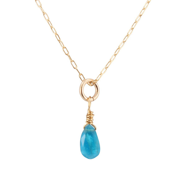 Dainty Throat Chakra Necklace with Dark Apatite Briolette on Gold Filled Chain, #6589-yg