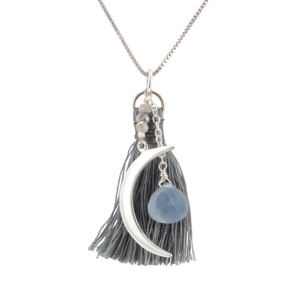 Crescent Moon Necklace with Grey Tassel, Blue Chalcedony, and Labradorite Stones, #6598-ss