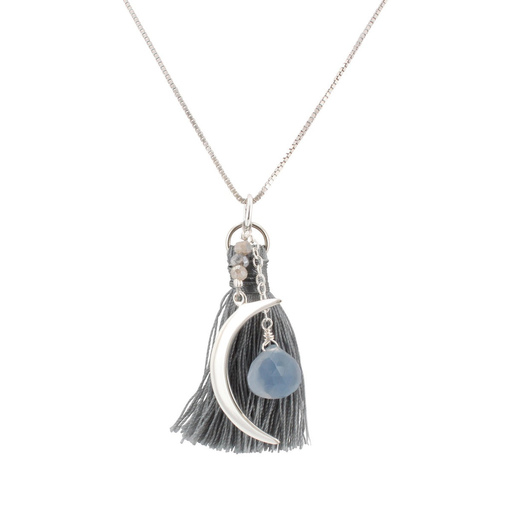Crescent Moon Necklace with Grey Tassel, Blue Chalcedony, and Labradorite Stones, #6598-ss