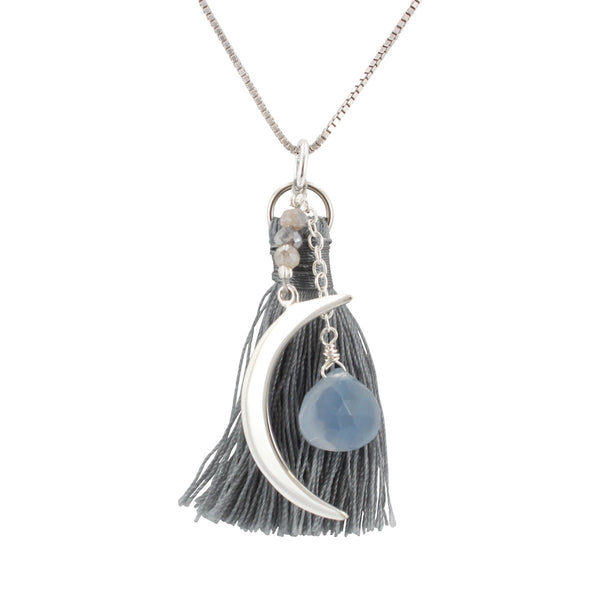 Crescent Moon Necklace with Grey Tassel, Blue Chalcedony, and Labradorite Stones, #6598-ss