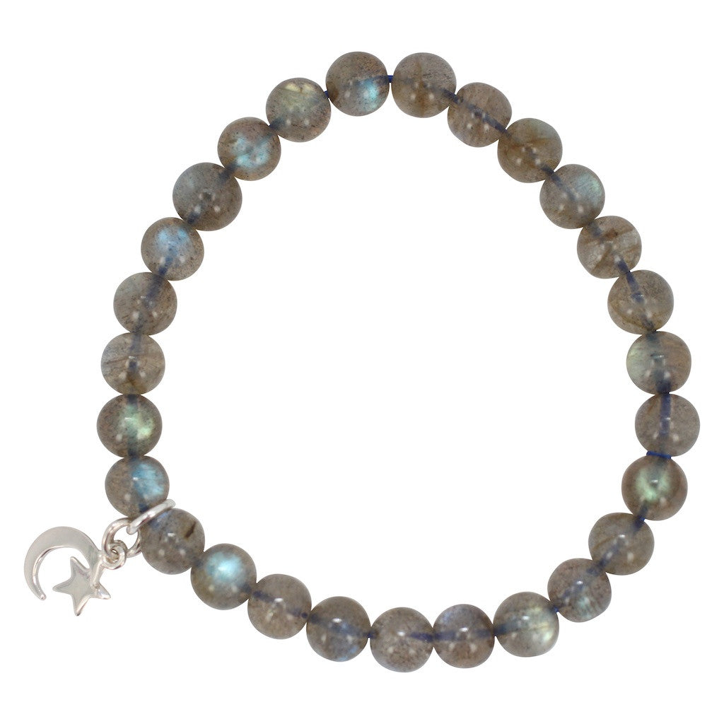 Intuition Bracelet - 7mm Labradorite Energy Bracelet with Moon & Star Charm, #6659