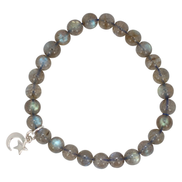 Intuition Bracelet - 7mm Labradorite Energy Bracelet with Moon & Star Charm, #6659