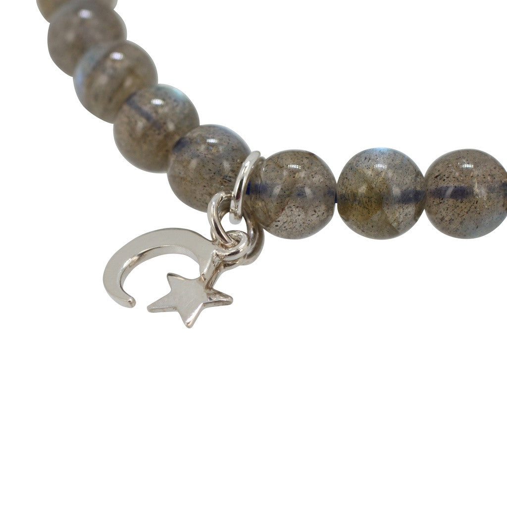 Intuition Bracelet - 7mm Labradorite Energy Bracelet with Moon & Star Charm, #6659