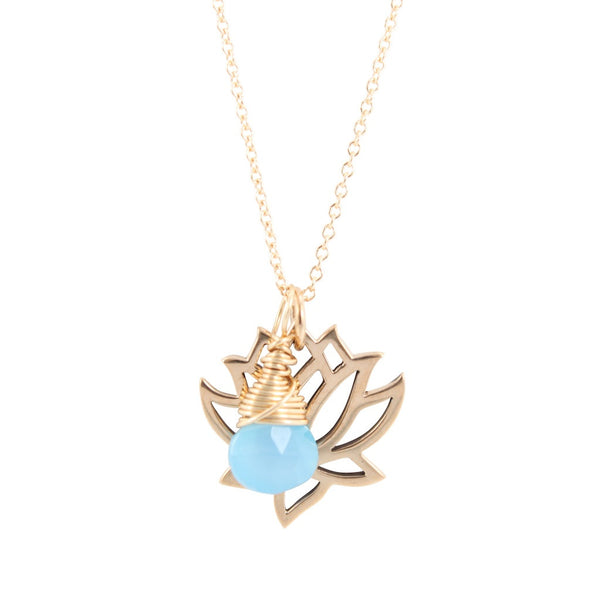 Bronze Lotus Necklace with Blue Chalcedony Briolette, #6850-brz