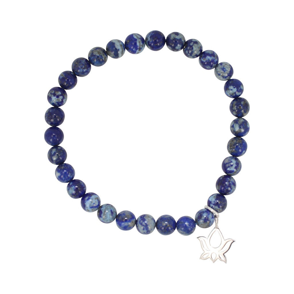 6mm Blue Lapis Stretch Bracelet with Lotus Charm, #6952