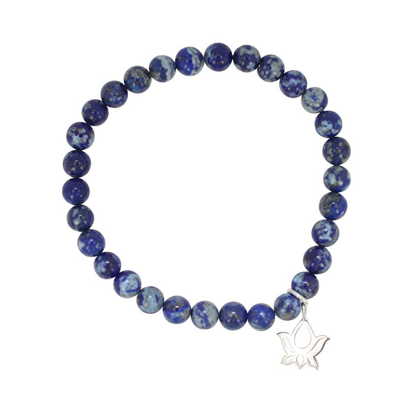 6mm Blue Lapis Stretch Bracelet with Lotus Charm, #6952