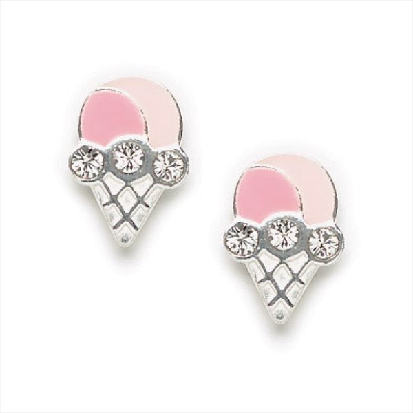 Pink Enamel Ice Cream Cone Earrings with Swarovski Crystals, #7146-ss
